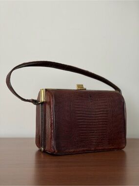 Vintage Brown Reptile Embossed Leather Structured Handbag